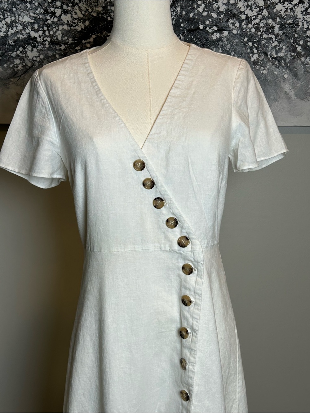 Madewell White linen blend Button-Front V-Neck Midi Dress short sleeve size 4 - Picture 3 of 14